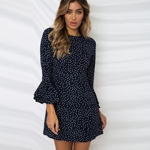 Navy Polka Dot Lulu's Dress with 3/4 Bell Sleeves